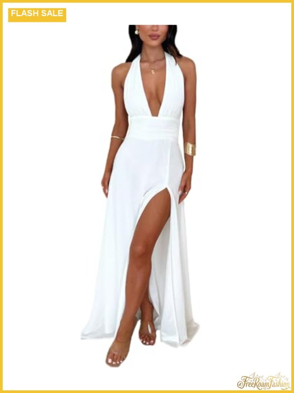 Halter Maxi Dress Deep V Neck High Slit Open Back Sleeveless Gown